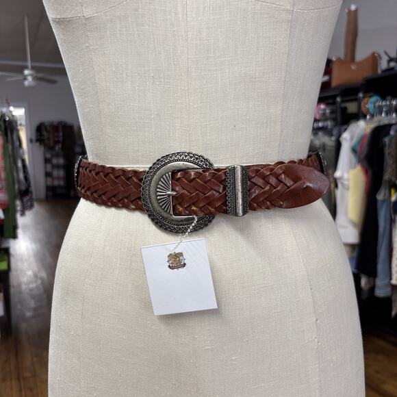 Vintage Canterbury Silver Heart Concho Woven Brown Leather Belt Sz M 34” main image 4
